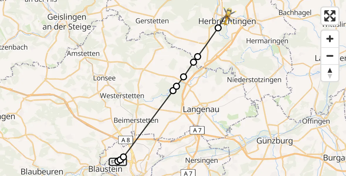 Flugroute Rettungshubschrauber Ulm Military Hospital Emergency - Herbrechtingen, 23 Juni 2026, 06:56