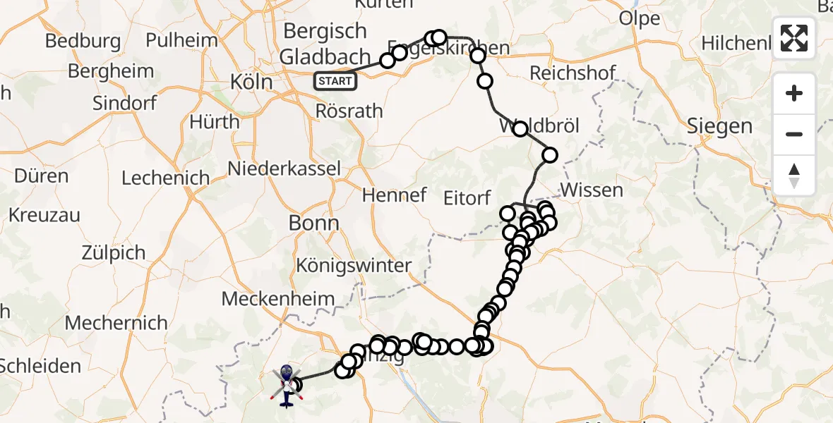 Flugroute Polizeihubschrauber Bergisch Gladbach - Rech, 23 Juni 2026, 06:57
