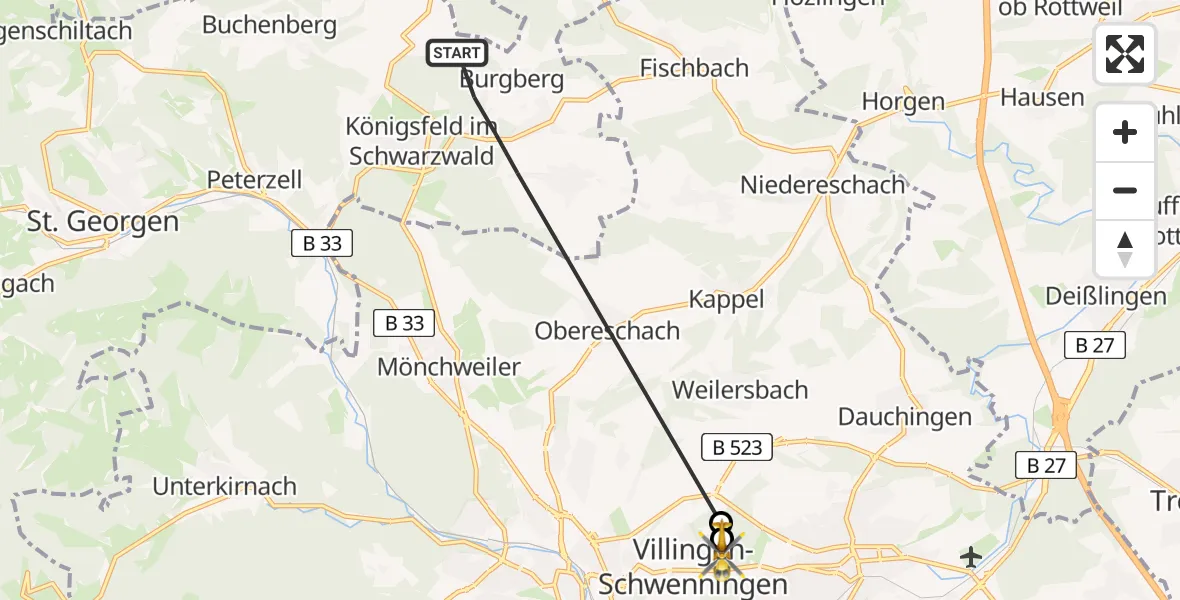 Flugroute Ambulanzhubschrauber Königsfeld im Schwarzwald - DRF Air Rescue Station Villingen-Schwenningen Hubschrauberlandeplatz (Christoph 11), 23 Juni 2026, 06:57