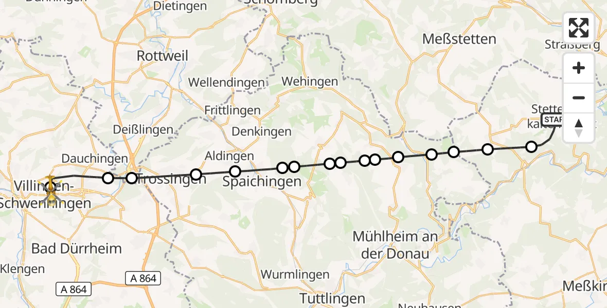 Flugroute Rettungshubschrauber Stetten am kalten Markt - DRF Air Rescue Station Villingen-Schwenningen Hubschrauberlandeplatz (Christoph 11), 23 Juni 2026, 07:04