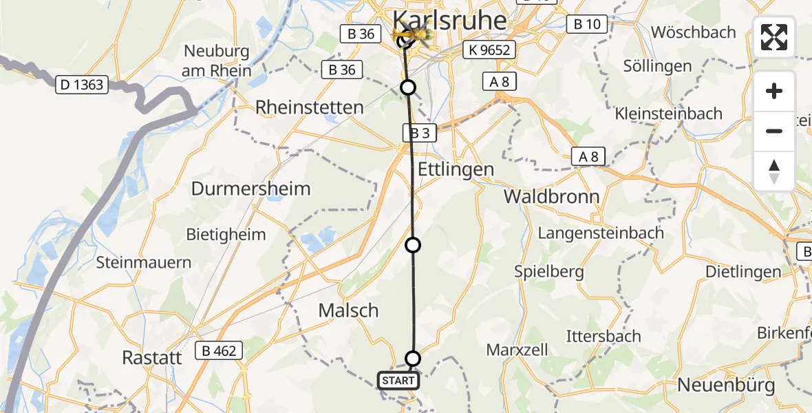 Flugroute Ambulanzhubschrauber Gaggenau - Sankt Vincentius Hospital, 23 Juni 2026, 07:04