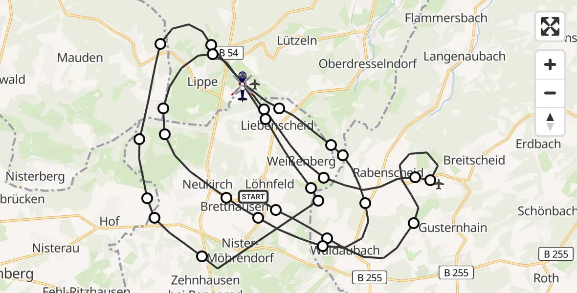 Flugroute Polizeihubschrauber Bretthausen - Siegerland Flughafen, 23 Juni 2026, 07:10