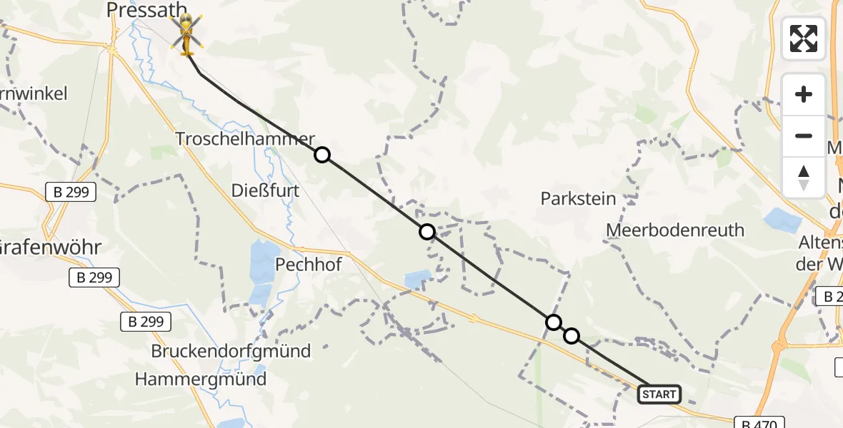 Flugroute Rettungshubschrauber Weiden i.d.OPf. - Pressath, 23 Juni 2026, 07:11