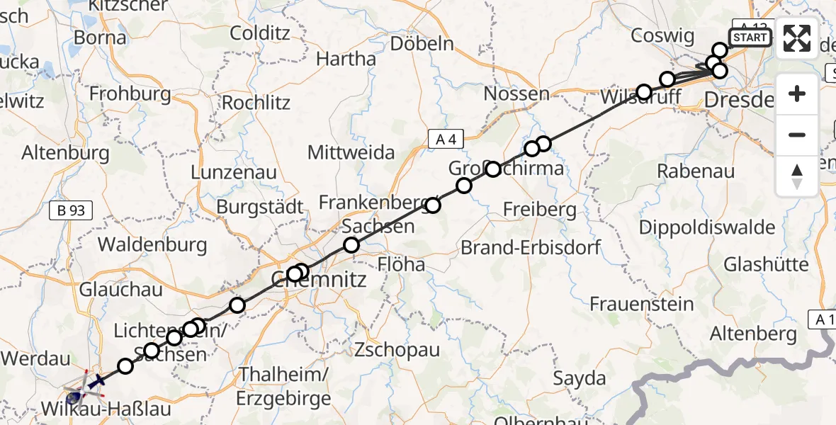 Flugroute Polizeihubschrauber Dresden - Zwickau, 23 Juni 2026, 07:16