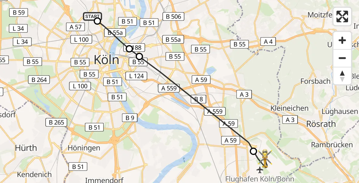 Flugroute Rettungshubschrauber Sankt Vinzenz Hospital - Köln Bonn Flughafen, 23 Juni 2026, 07:19