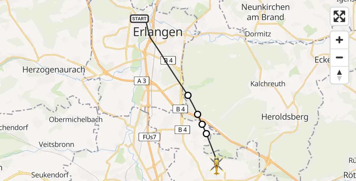 Flugroute Rettungshubschrauber Erlangen - Flughafen Nuremberg, 23 Juni 2026, 07:19