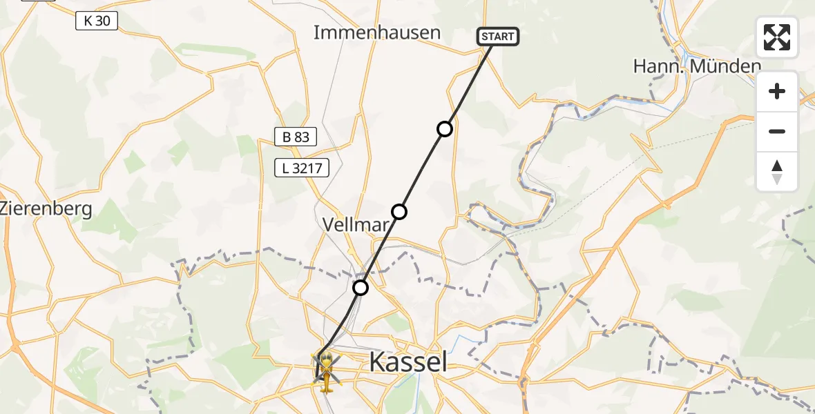 Flugroute Rettungshubschrauber Immenhausen - Kassel, 23 Juni 2026, 07:25