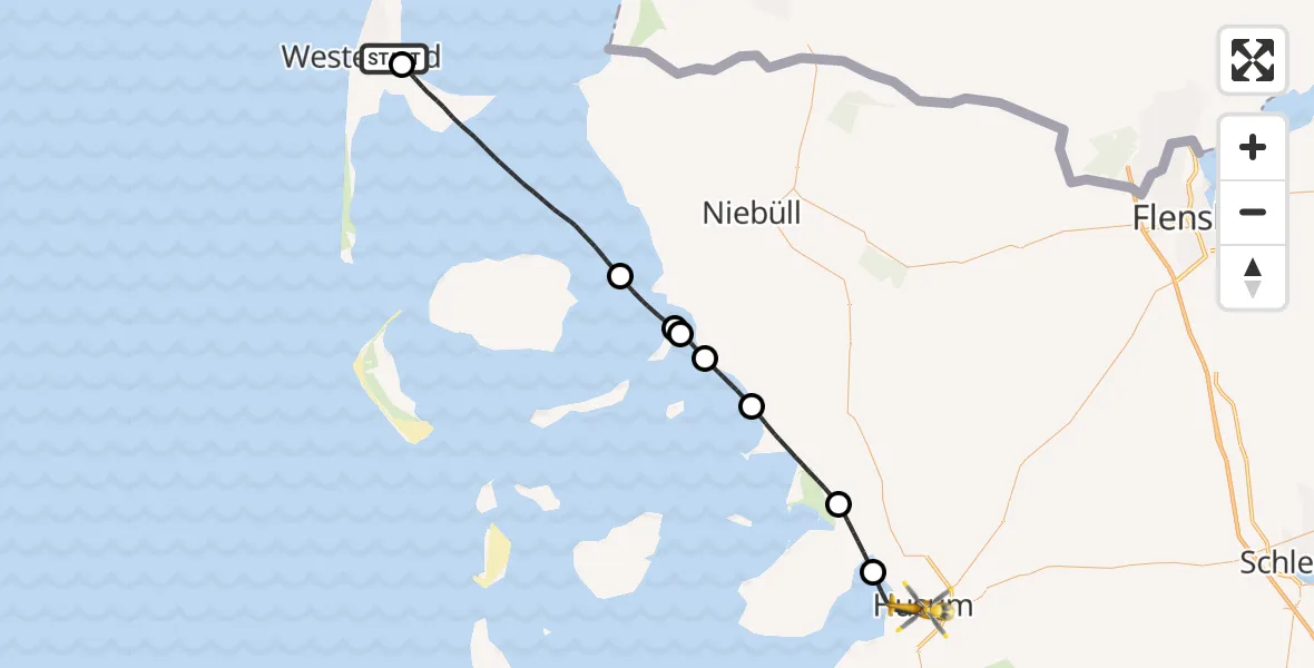 Flugroute Rettungshubschrauber Westerland Sylt Flughafen - Husum, 23 Juni 2026, 07:25