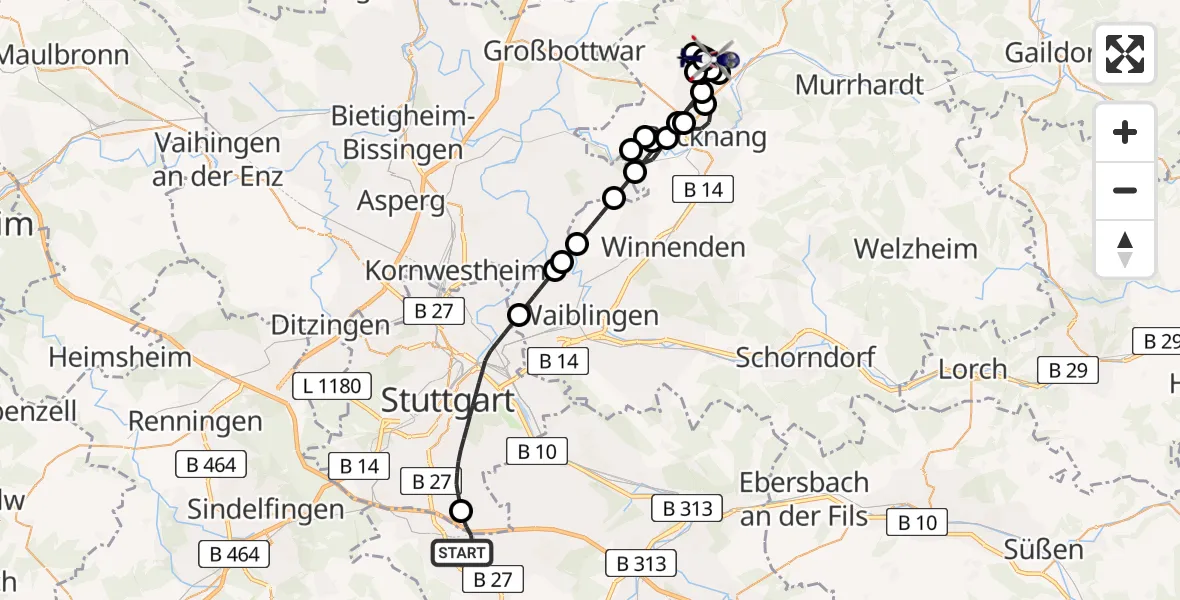 Flugroute Polizeihubschrauber Flughafen Stuttgart - Oppenweiler, 23 Juni 2026, 07:26