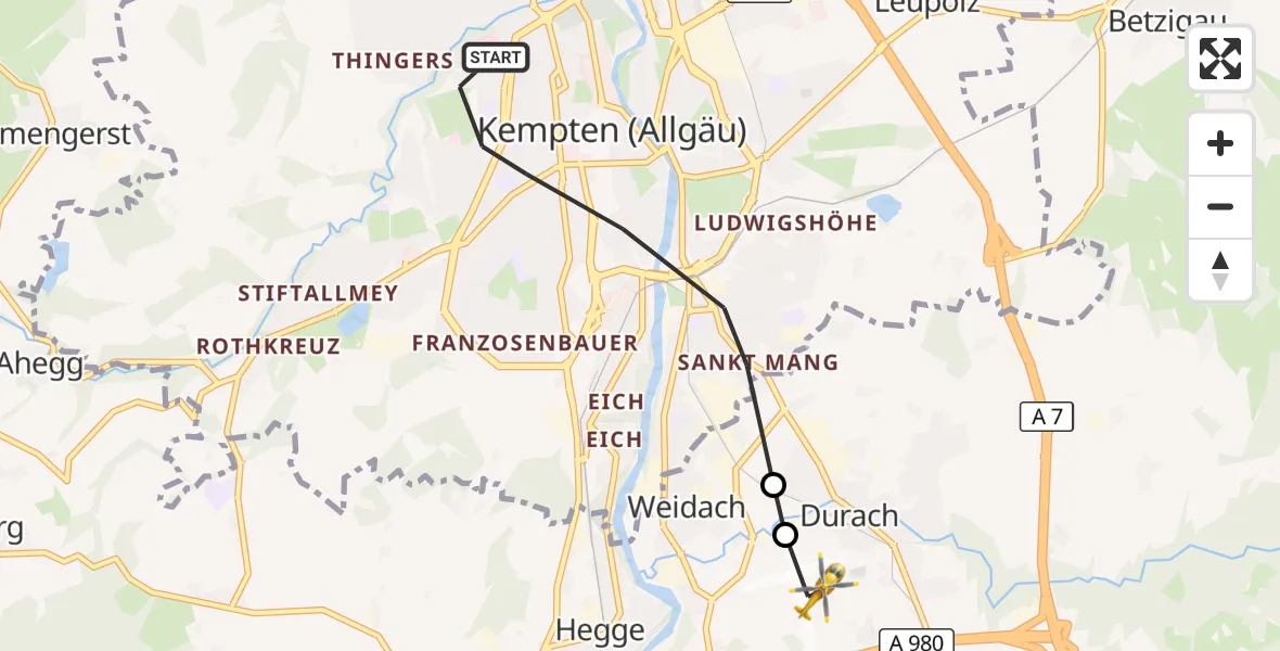 Flugroute Rettungshubschrauber Kempten (Allgäu) - Kempten-Durach Flugplatz, 23 Juni 2026, 07:27