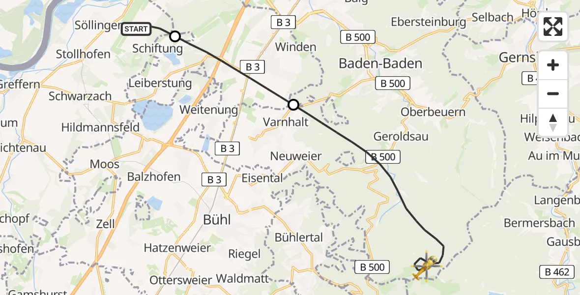 Flugroute Rettungshubschrauber Karlsruhe Baden-Baden Flughafen - Baden-Baden, 23 Juni 2026, 07:28