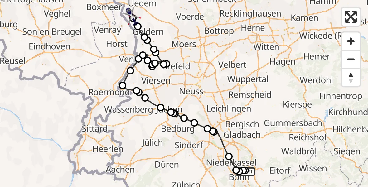 Flugroute Polizeihubschrauber Bonn-Hangelar Flugplatz - Weeze, 23 Juni 2026, 07:30