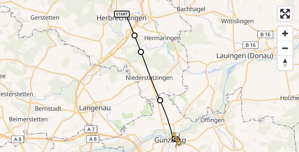 Flugroute Rettungshubschrauber Herbrechtingen - Günzburg Hospital, 23 Juni 2026, 07:34