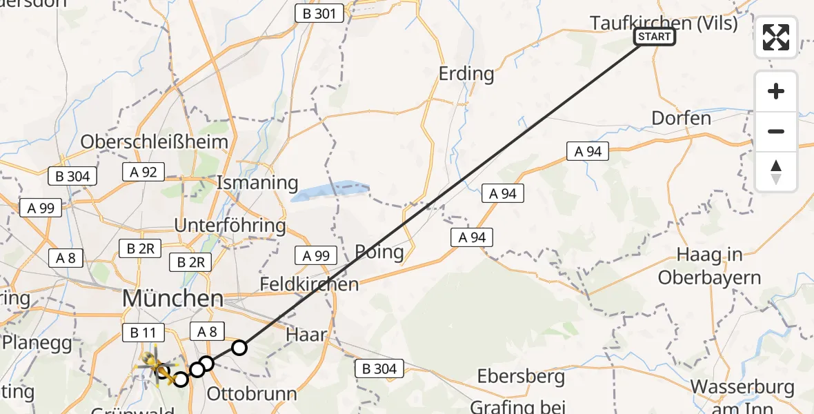Flugroute Rettungshubschrauber Taufkirchen (Vils) - ADAC Air Rescue Center Hubschrauberlandeplatz (Christoph 1), 23 Juni 2026, 07:41