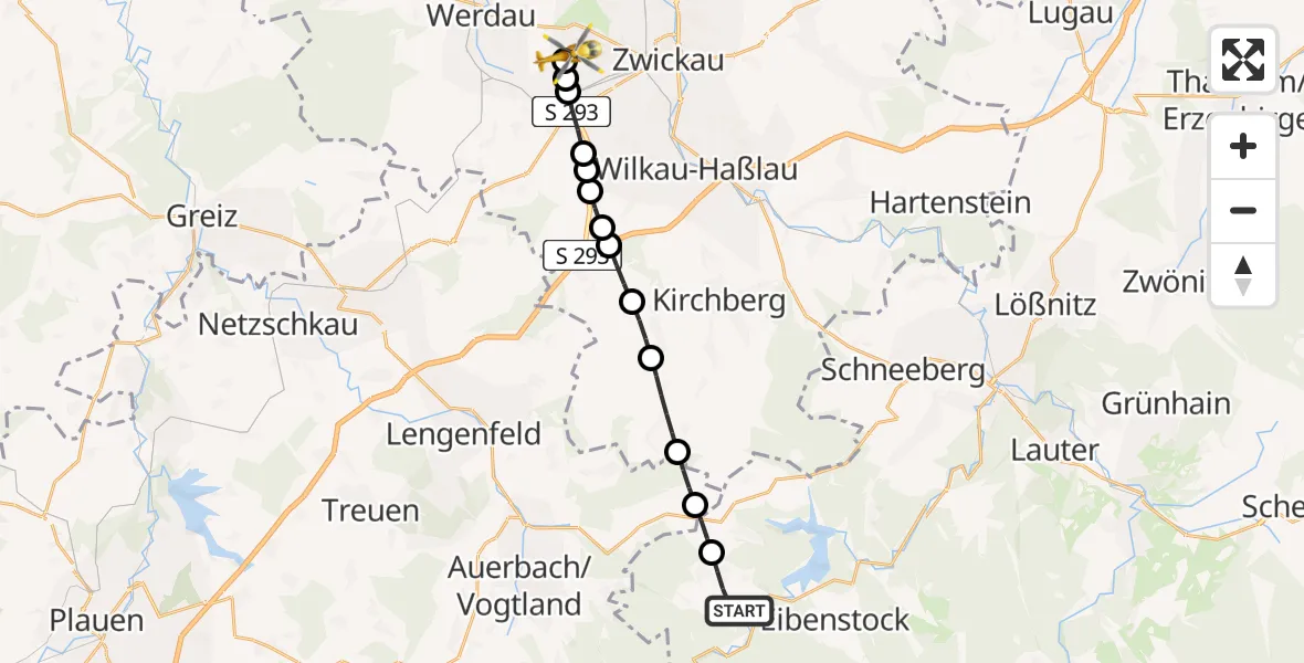 Flugroute Rettungshubschrauber Schönheide - ADAC Air Rescue Station Zwickau Hubschrauberlandeplatz, 23 Juni 2026, 07:41