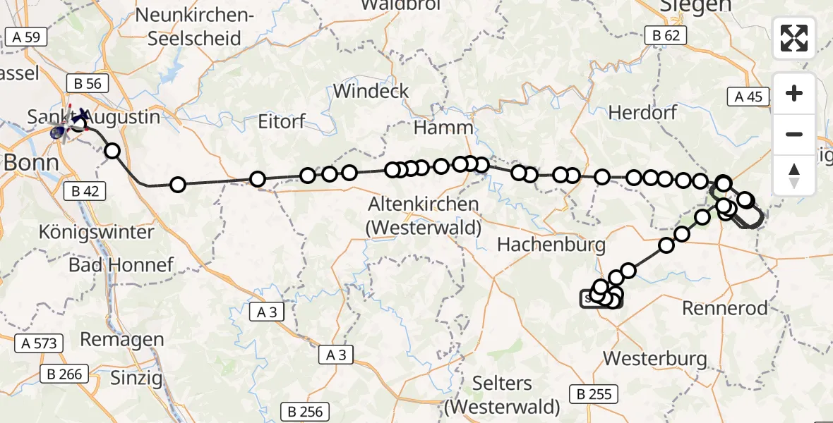Flugroute Polizeihubschrauber Nistertal - Sankt Augustin, 23 Juni 2026, 07:42