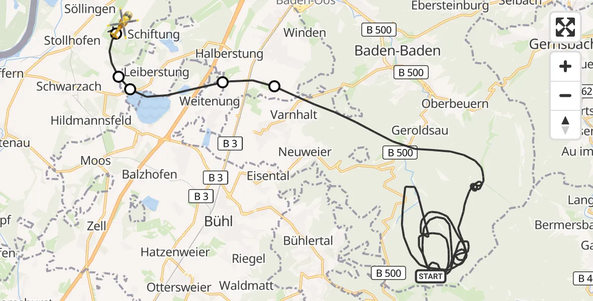 Flugroute Rettungshubschrauber Baden-Baden - Karlsruhe Baden-Baden Flughafen, 23 Juni 2026, 07:46