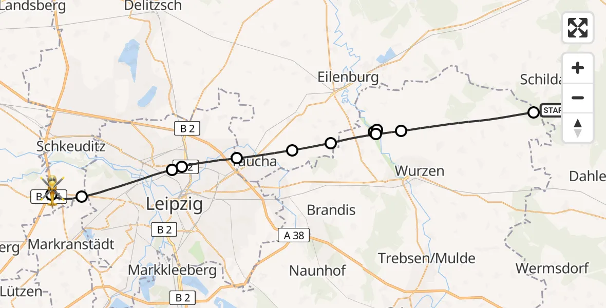 Flugroute Rettungshubschrauber Belgern-Schildau - ADAC Air Rescue Station Leipzig/Schkeuditz-Dölzig Hubschrauberlandeplatz (Christoph 61), 23 Juni 2026, 07:48