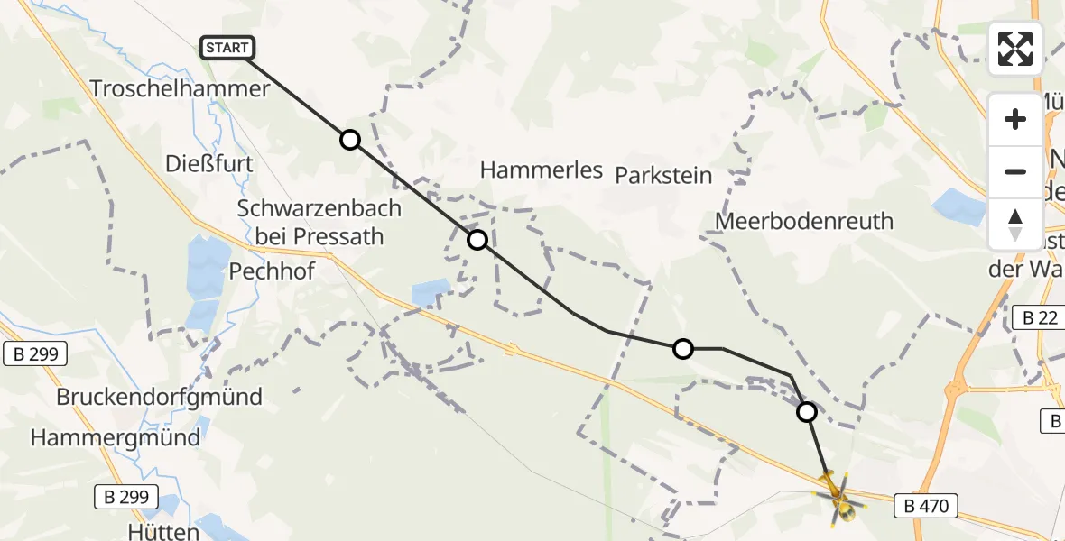 Flugroute Rettungshubschrauber Pressath - Weiden i.d.OPf., 23 Juni 2026, 07:49