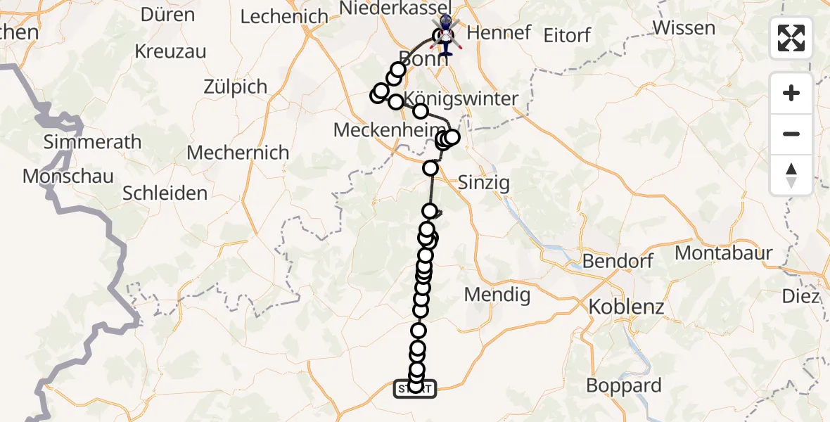 Flugroute Polizeihubschrauber Laubach - Bonn-Hangelar Flugplatz, 23 Juni 2026, 07:56