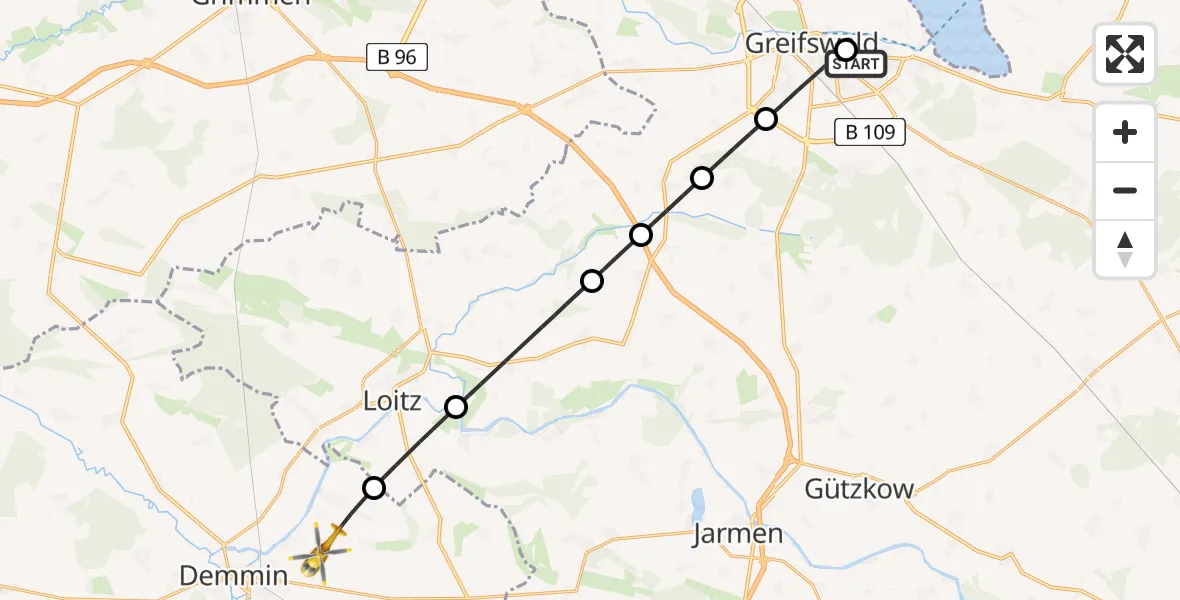 Flugroute Rettungshubschrauber Greifswald Hospital - Demmin, 23 Juni 2026, 07:57
