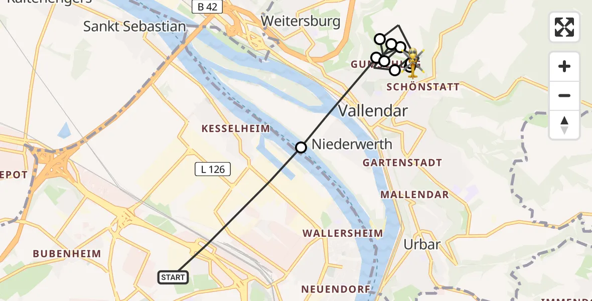 Flugroute Rettungshubschrauber Koblenz - Weitersburg, 23 Juni 2026, 08:01