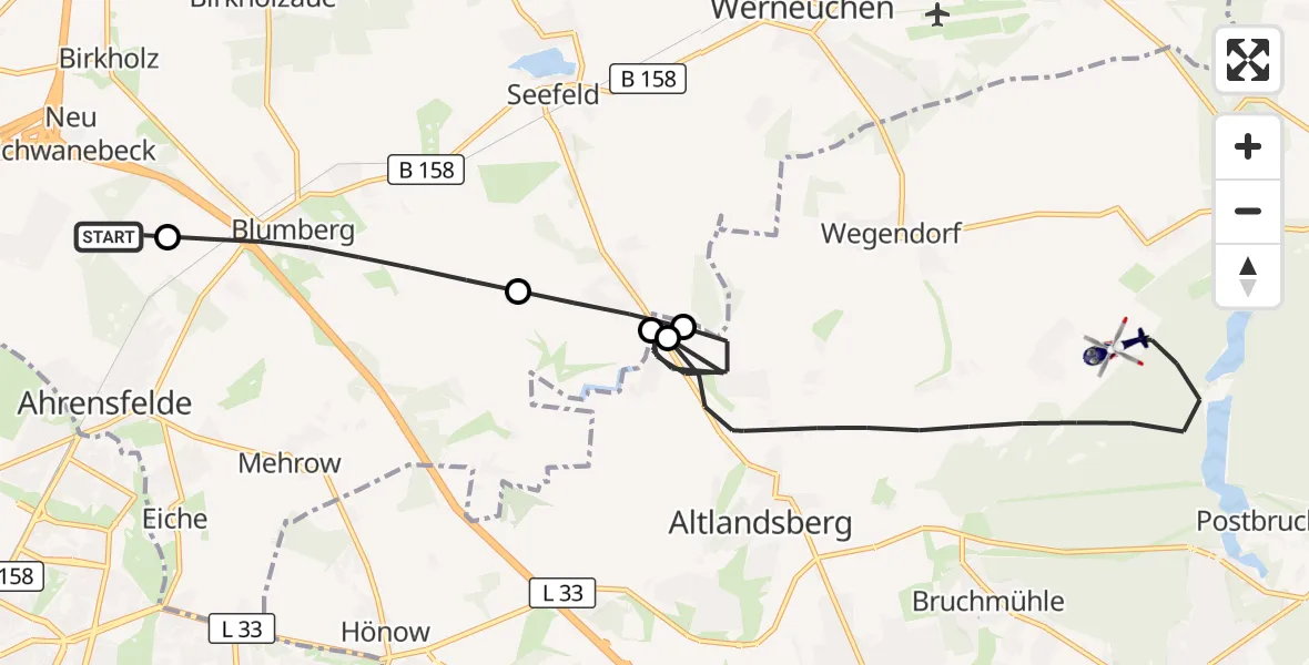 Flugroute Polizeihubschrauber Ahrensfelde Hubschrauberlandeplatz - Altlandsberg, 23 Juni 2026, 08:01