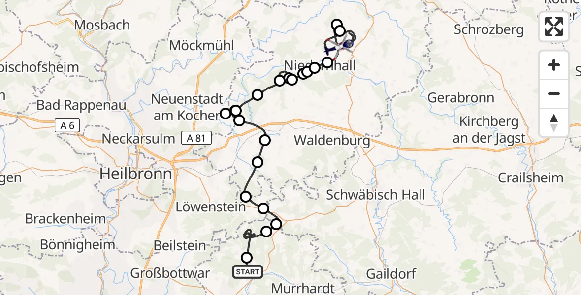 Flugroute Polizeihubschrauber Oppenweiler - Ingelfingen-Bühlhof Flugplatz, 23 Juni 2026, 08:02