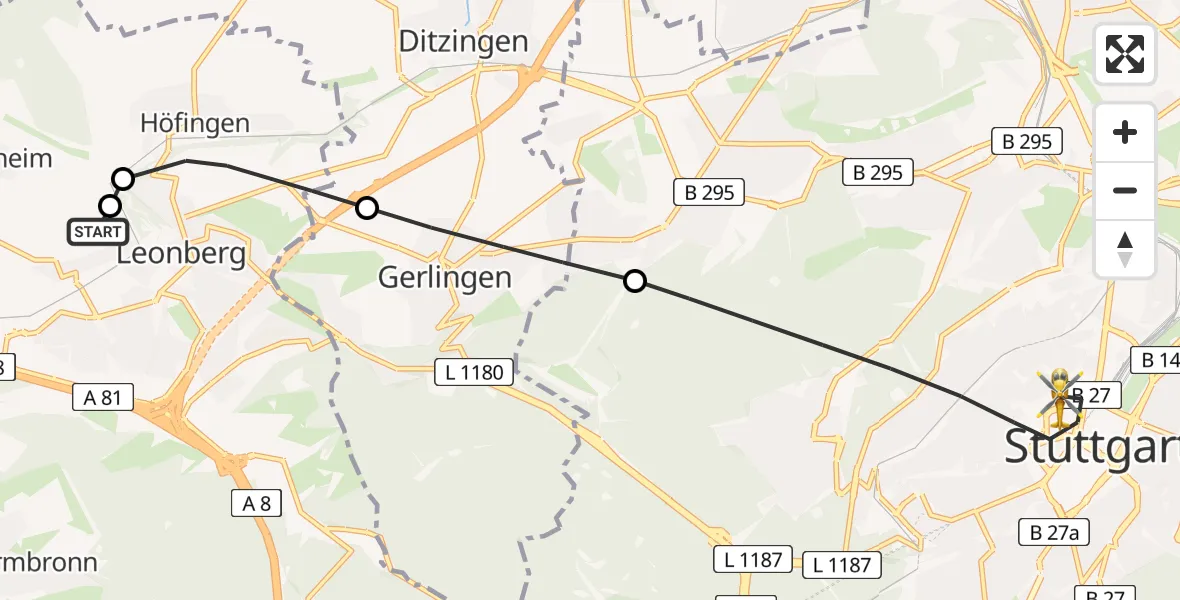 Flugroute Rettungshubschrauber Leonberg Hospital - Stuttgart, 23 Juni 2026, 08:04