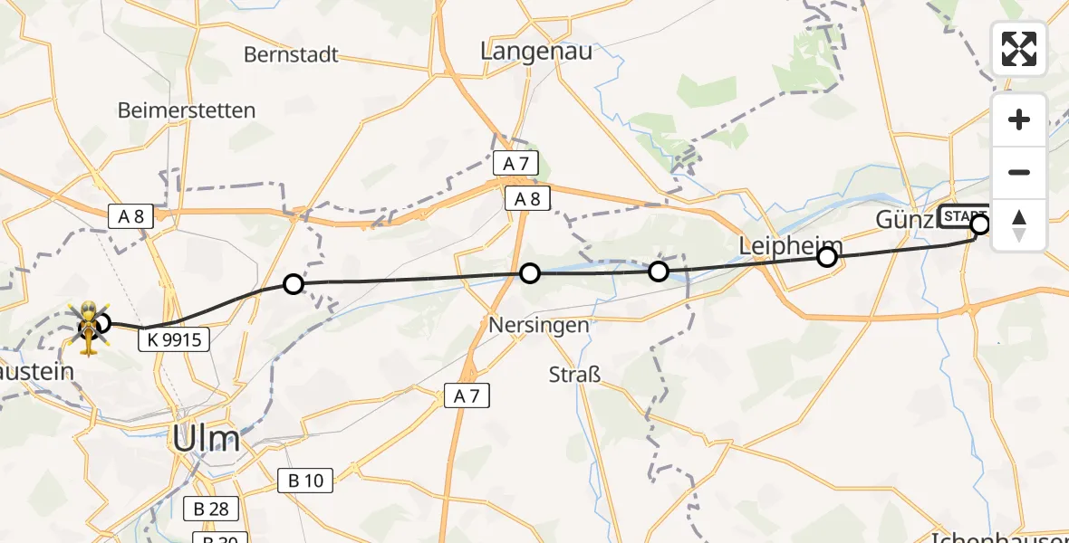 Flugroute Rettungshubschrauber Günzburg Hospital - ADAC Air Rescue Station Ulm (Christoph 22), 23 Juni 2026, 08:05