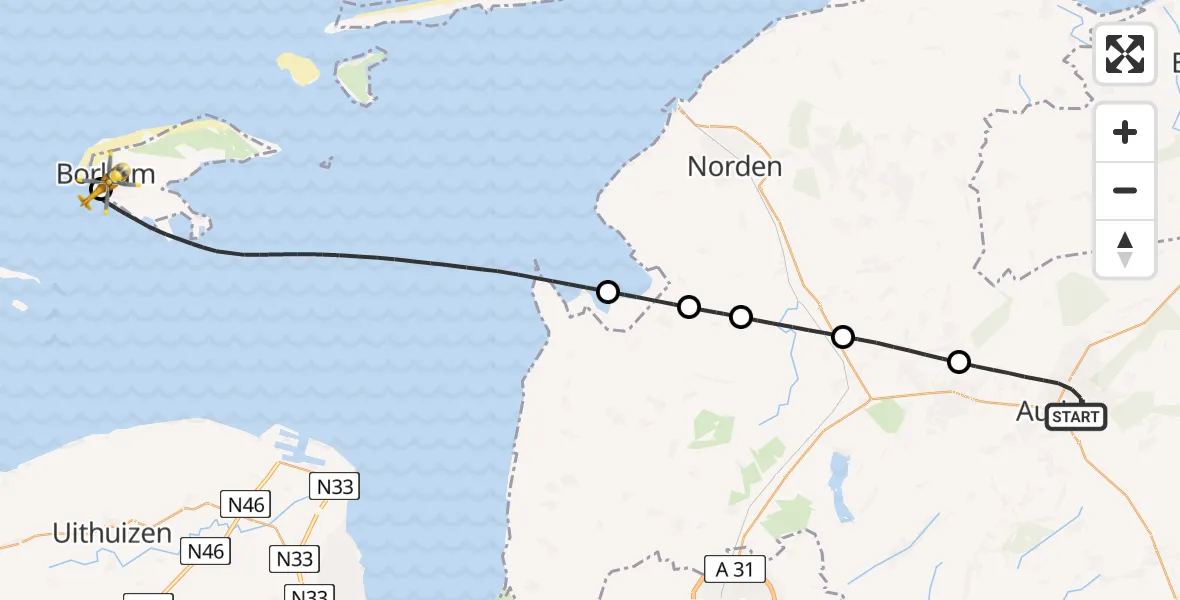 Flugroute Ambulanzhubschrauber Aurich - Borkum Island Hospital Hubschrauberlandeplatz, 23 Juni 2026, 08:13