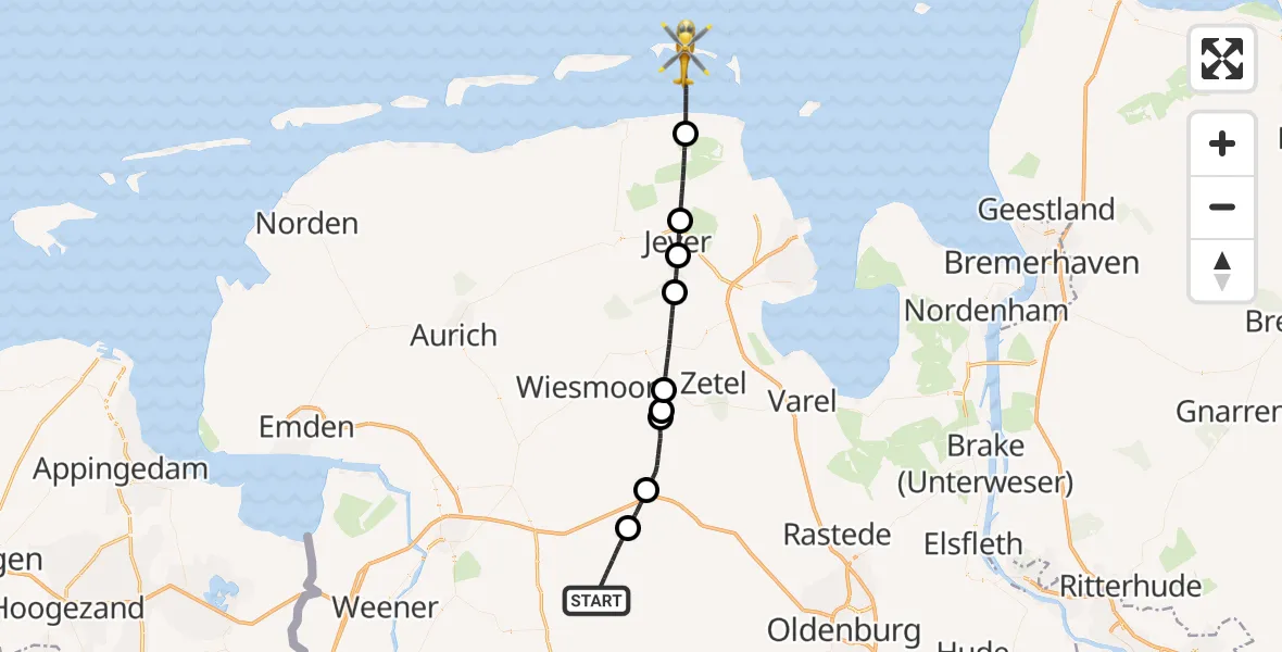Flugroute Rettungshubschrauber Apen - Wangerooge Flughafen, 23 Juni 2026, 08:14