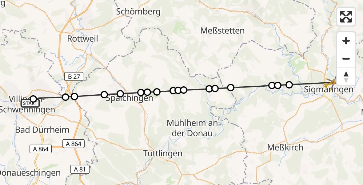 Flugroute Rettungshubschrauber DRF Air Rescue Station Villingen-Schwenningen Hubschrauberlandeplatz (Christoph 11) - Sigmaringen, 23 Juni 2026, 08:15