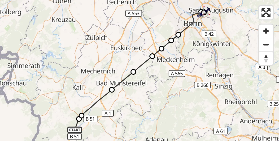 Flugroute Polizeihubschrauber Dahlem - Sankt Augustin, 23 Juni 2026, 08:16