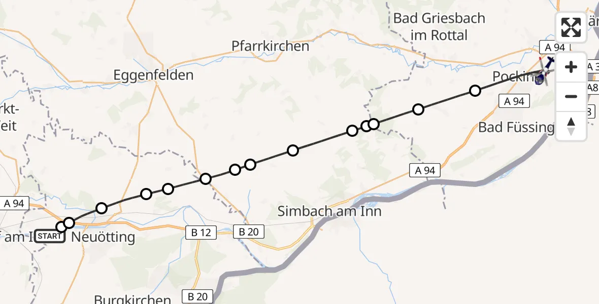 Flugroute Polizeihubschrauber Töging a.Inn - Pocking, 23 Juni 2026, 08:18