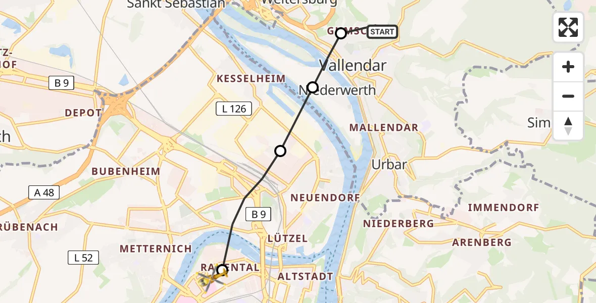 Flugroute Rettungshubschrauber Weitersburg - Katholisches Klinikum Marienhof Koblenz Hubschrauberlandeplatz, 23 Juni 2026, 08:18