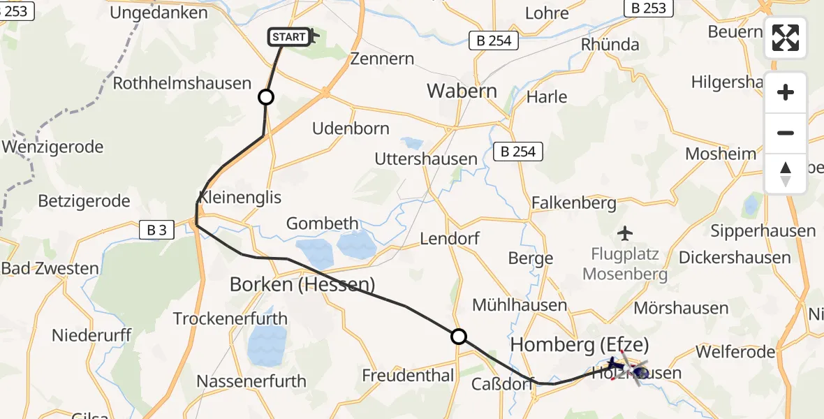 Flugroute Polizeihubschrauber Fritzlar Army Flugplatz - Homberg (Efze), 23 Juni 2026, 08:19