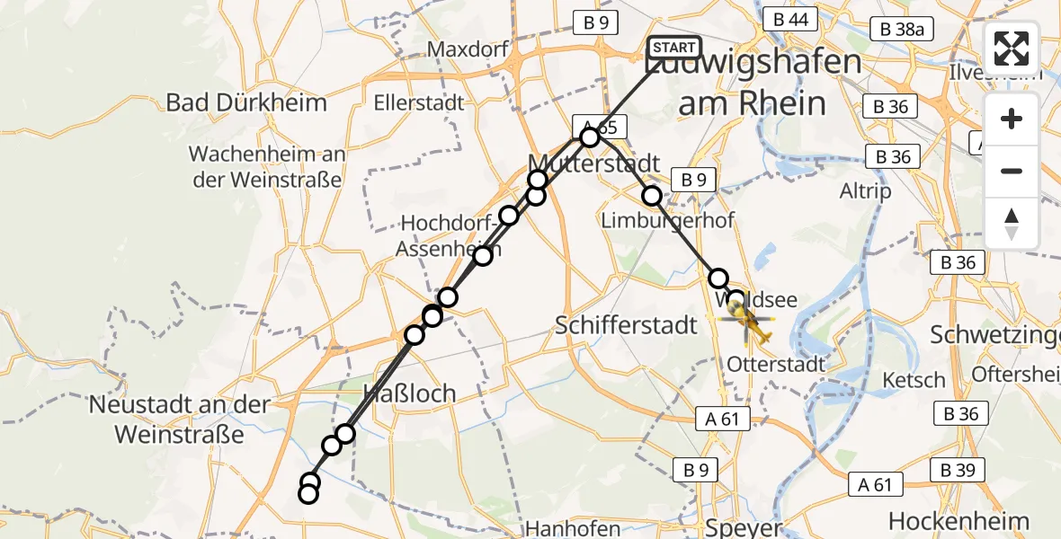 Flugroute Rettungshubschrauber Ludwigshafen am Rhein - Waldsee, 23 Juni 2026, 08:22