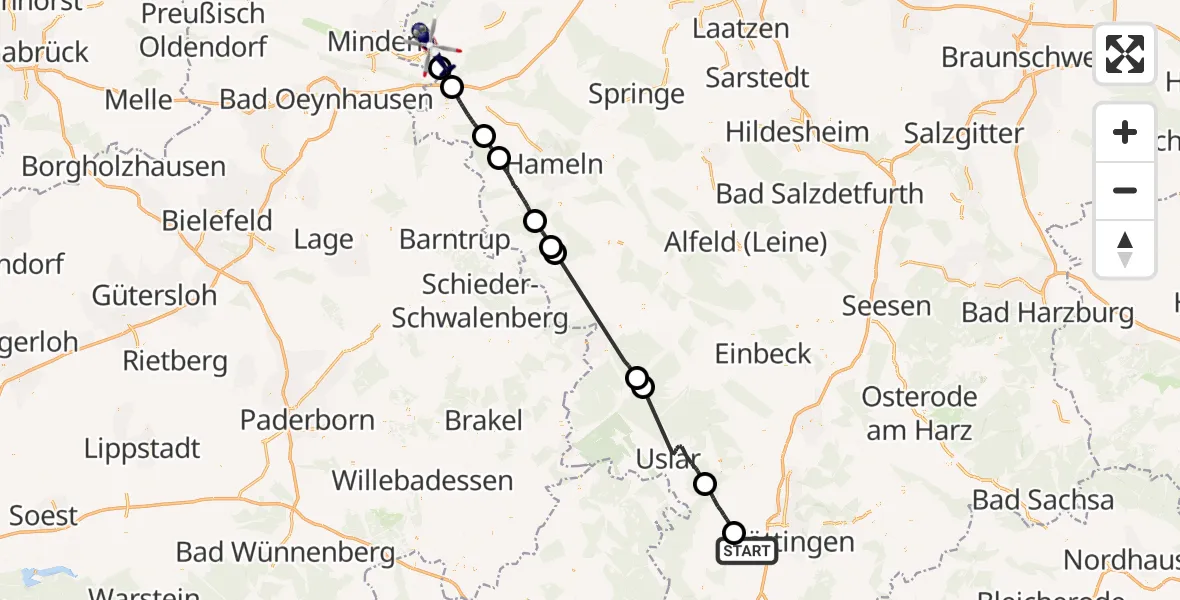 Flugroute Polizeihubschrauber Göttingen - Bückeburg, 23 Juni 2026, 08:24