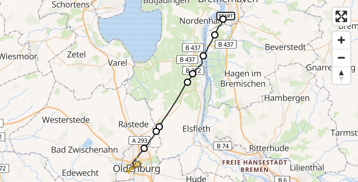 Flugroute Rettungshubschrauber Bremerhaven Flughafen - Oldenburg (Oldb), 23 Juni 2026, 08:24