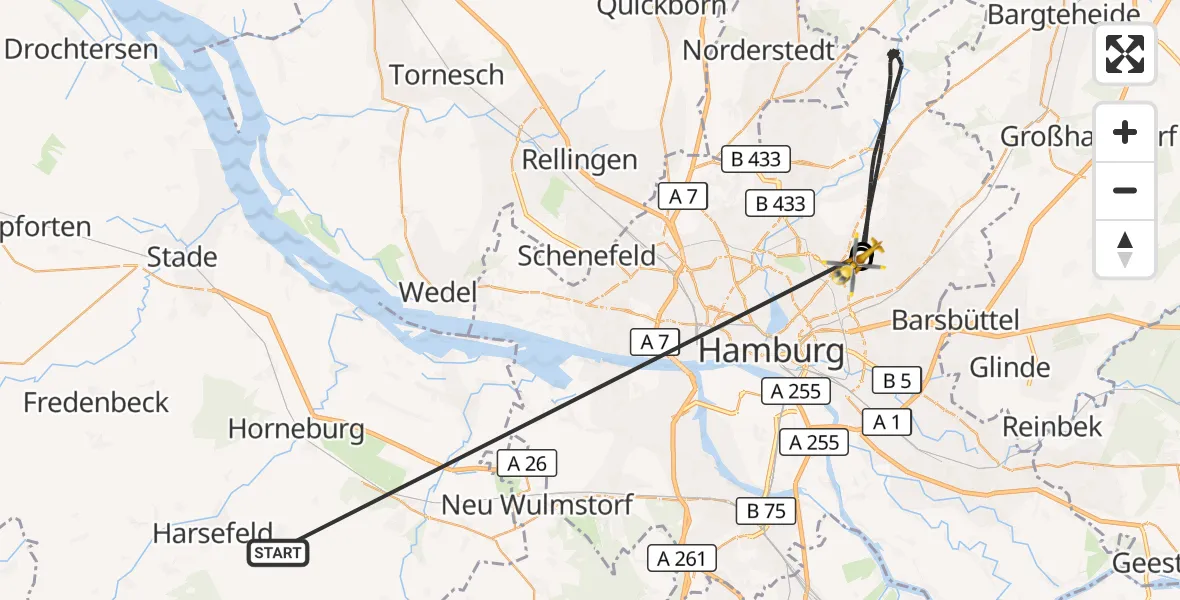 Flugroute Rettungshubschrauber Harsefeld - Hamburg Military Hospital, 23 Juni 2026, 08:25