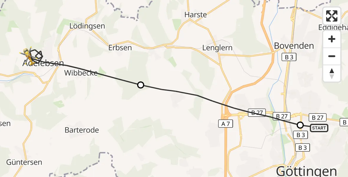 Flugroute Rettungshubschrauber Göttingen University Clinic Hubschrauberlandeplatz - Adelebsen, 23 Juni 2026, 08:28