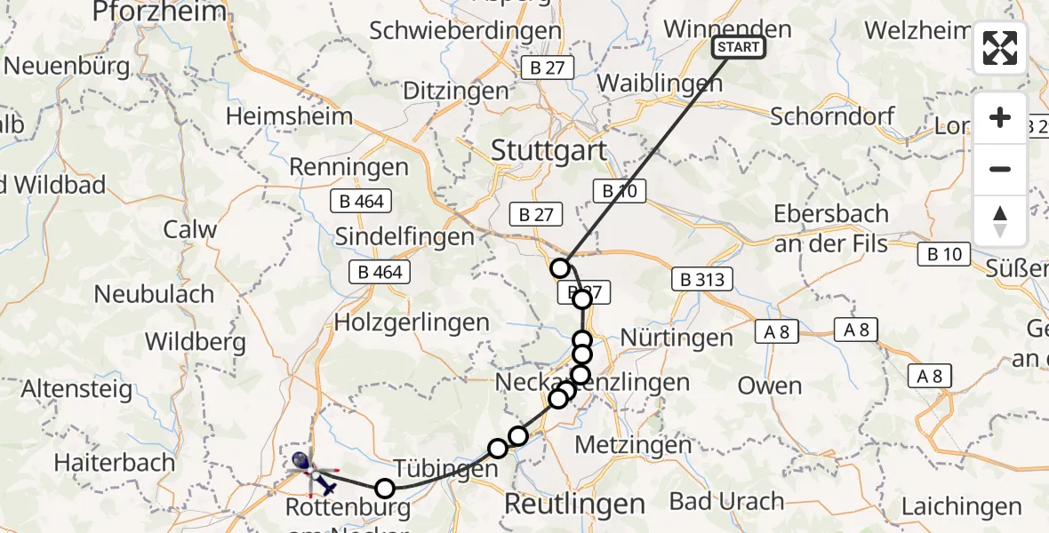 Flugroute Polizeihubschrauber Winnenden - Rottenburg am Neckar, 23 Juni 2026, 08:28