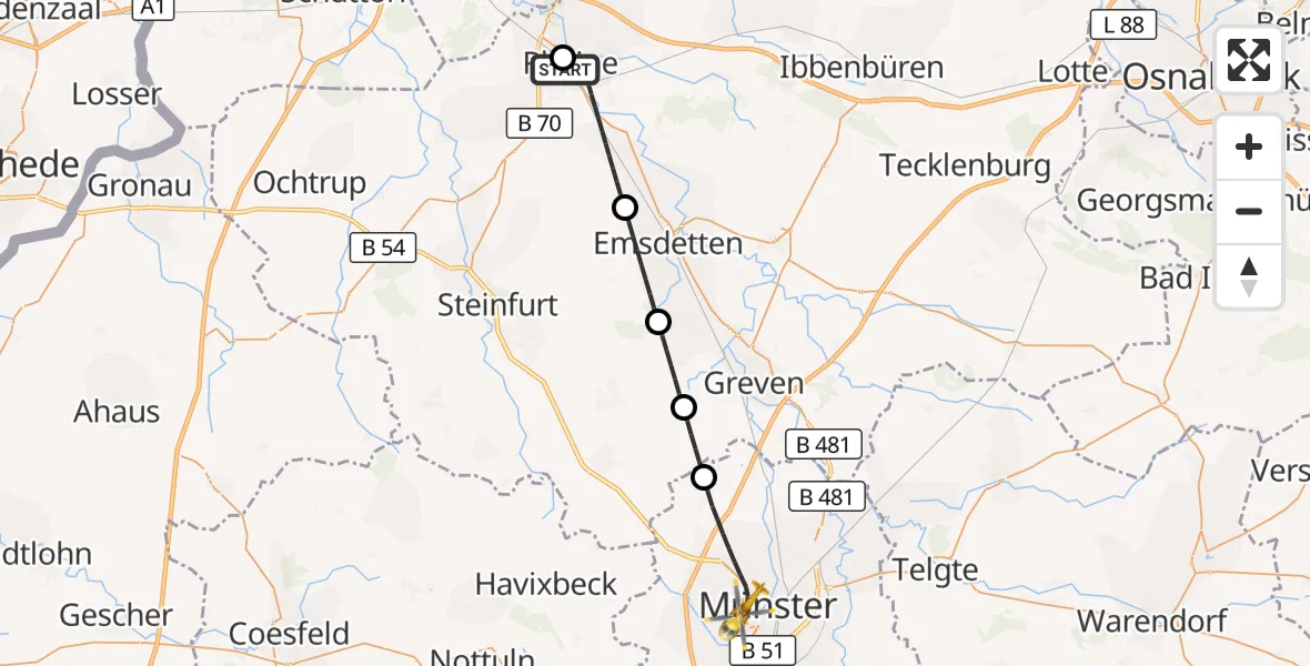 Flugroute Ambulanzhubschrauber ADAC Luftrettungsstation Rheine Hubschrauberlandeplatz (Christoph Europa 2) - Münster, 23 Juni 2026, 08:31