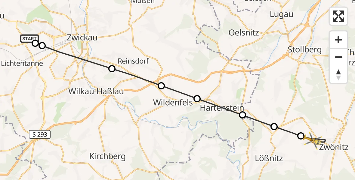Flugroute Rettungshubschrauber ADAC Air Rescue Station Zwickau Hubschrauberlandeplatz - Zwönitz, 23 Juni 2026, 08:31