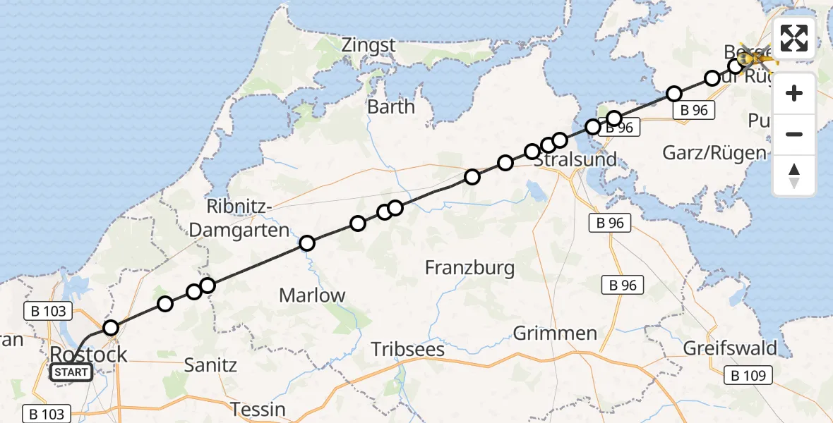 Flugroute Rettungshubschrauber Rostock - Bergen auf Rügen, 23 Juni 2026, 08:33