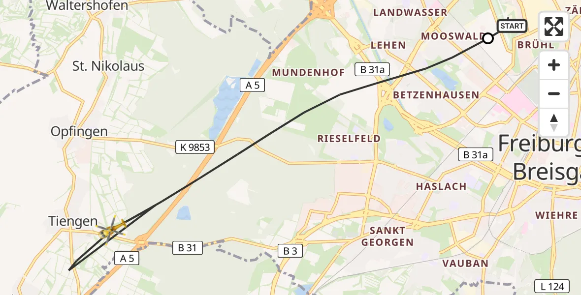 Flugroute Ambulanzhubschrauber Freiburg im Breisgau Flugplatz - Freiburg im Breisgau, 23 Juni 2026, 08:34