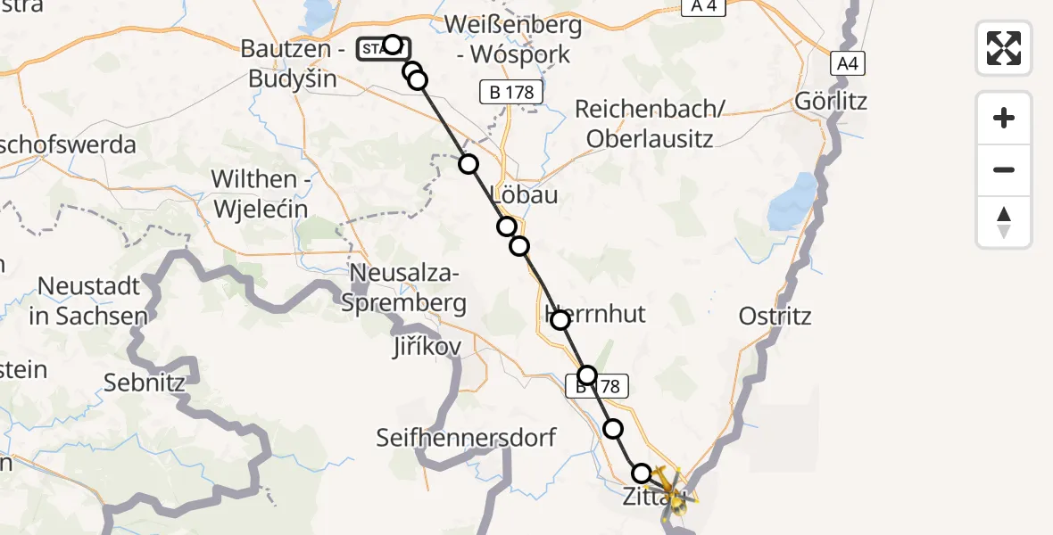 Flugroute Rettungshubschrauber Bautzen Flugplatz - Zittau, 23 Juni 2026, 08:41