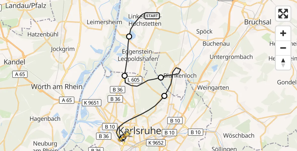 Flugroute Ambulanzhubschrauber Linkenheim-Hochstetten - Sankt Vincentius Hospital, 23 Juni 2026, 08:45