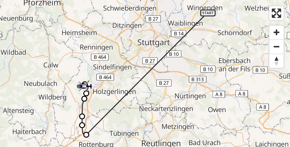 Flugroute Polizeihubschrauber Winnenden - Gärtringen, 23 Juni 2026, 08:48